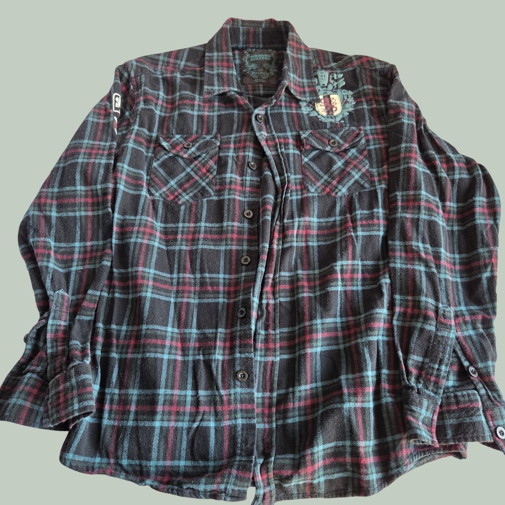 Modern Culture Mens Flannel Shirt XL Black Teal Plaid Crest Graphic Long Sleeve